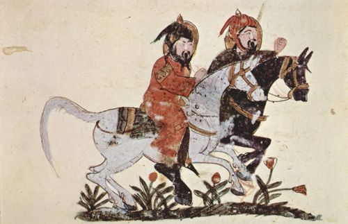 Irakischer Maler um 1210: Buch der Pferdeheilkunde des Ahmad ibn al-Husayn ibn al-Ahnaf, Szene: Zwei galoppierende Reiter