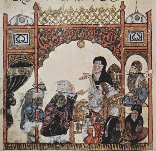 Irakischer Maler um 1230: Maqmt (Versammlungen) des al-Harr, Szene: Ab Zayd bittet, an Bord genommen zu werden (37. Maqmt)