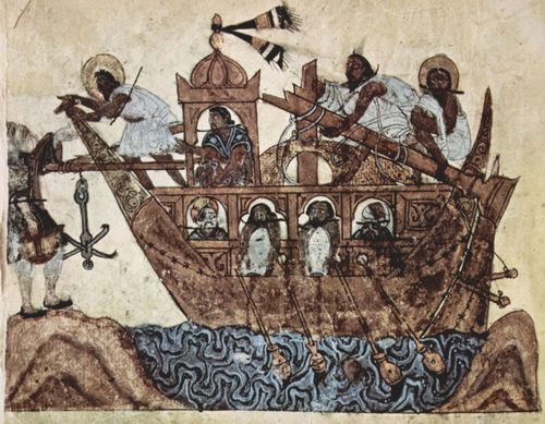 Irakischer Maler um 1230: Maqâmât (Versammlungen) des al-Harîrî, Szene: Abû Zayd bittet, an Bord genommen zu werden (39. Maqâmât)