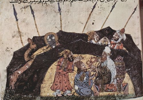 Irakischer Maler um 1230: Maqâmât (Versammlungen) des al-Harîrî, Szene: Die Geschichte von der verlorenen Reisegefährtin (43. Maqâmât)
