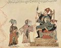 al-Wâsitî, Yahyâ ibn Mahmûd: Maqâmât (Versammlungen) des al-Harîrî, Szene: Abû Zayd vor dem Statthalter von Rahba (10. Maqâmât)