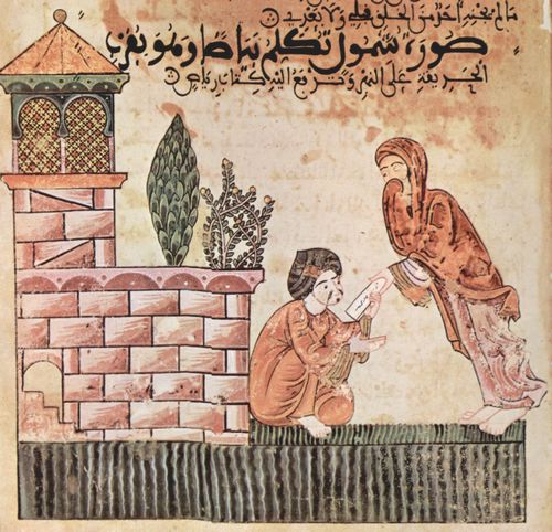 Maler der Geschichte von Bayd und Riyd: Die Geschichte von Bayd und Riyd, Maghrebinisches Manuskript, Szene: Shanl berbringt Bayd einen Brief von Riyd