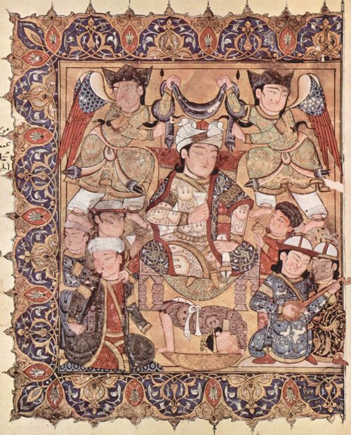 Arabischer Maler um 1335: Maqmt (Versammlungen) des al-Harr, Szene: Titelblatt mit einem thronendem Frsten
