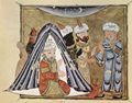 Arabischer Maler um 1335: Maqmt (Versammlungen) des al-Harr, Szene: Al-Hrith spricht mit dem prchtig gekleideten Ab Zayd in seinem Zelt (26. Maqmat)