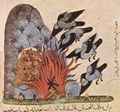 Syrischer Maler um 1310: Kalîla und Dimma von Bidpai, Szene: Die Krähen fachen mit ihren Flügeln das Feuer an, die Eulen verbrennen