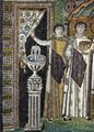 Meister von San Vitale in Ravenna: Chormosaiken in San Vitale in Ravenna, Szene: Kaiserin Theodora und ihr Hof, Detail: Würdenträger aus dem Gefolge der Kaiserin