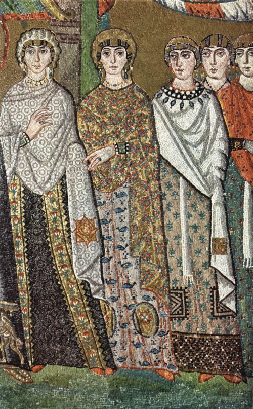 Meister von San Vitale in Ravenna: Chormosaiken in San Vitale in Ravenna, Szene: Kaiserin Theodora und ihr Hof, Detail: Hofdamen