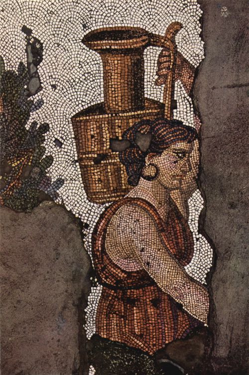 Byzantinischer Mosaizist des 5. Jahrhunderts: Bodenmosaik, Szene: Frau, einen Krug tragend, Fragment