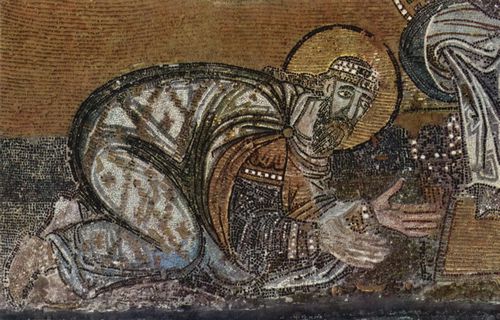 Byzantinischer Mosaizist des 9. Jahrhunderts: Mosaiken in der Hagia Sophia, Szene: Christus Pantokrator und Kaiser Lon VI. (886-912), Detail: Lon VI. erhlt die Investitur gttlicher Weisheit