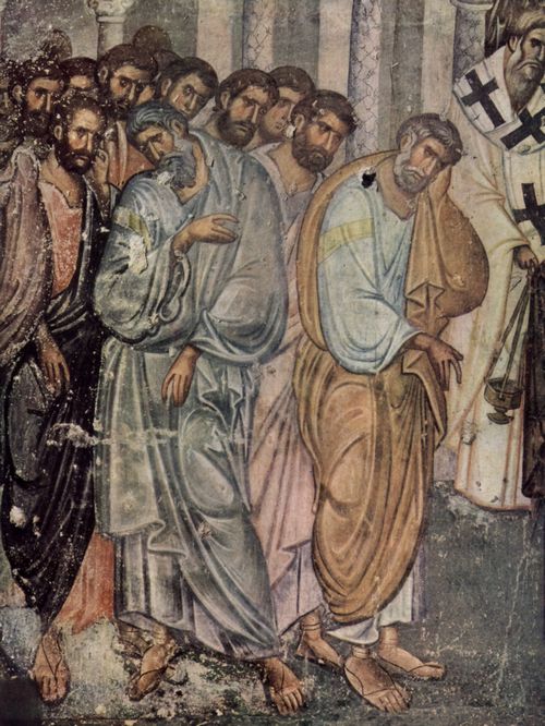 Meister von Sopocani: Fresken in der Kirche von Sopocani, Szene: Tod der Maria, Detail: Trauernde Jnger, Fragment