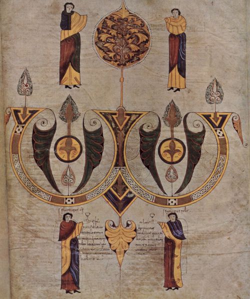 Florentius (Meister der Bibel von Len von 960): Bibel, Szene: OMEGA, Kolophon: Schreiber und Knstler, die sich beglckwnschen