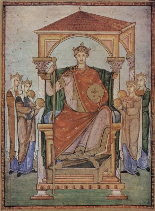 Meister des Registrum Gregorii: Registrum Gregorii, Szene: Portrt Kaiser Otto II., mit den Symbolen der vier Teile seines Reiches