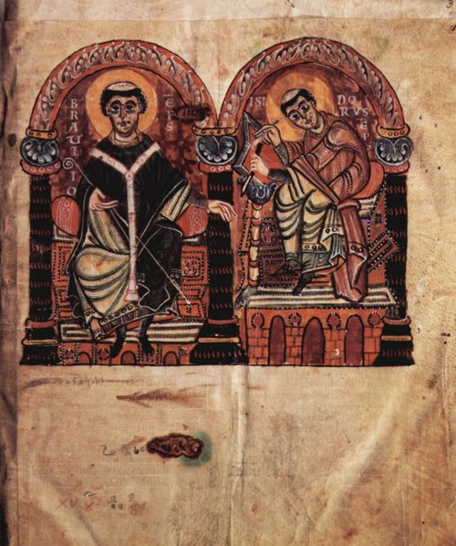 Meister des Codex 167: Isidori libri originum, Szene: Bischof Braulio und Isidor von Sevilla
