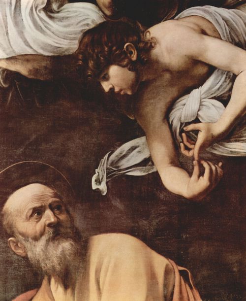Caravaggio, Michelangelo: Gemlde der Contarelli-Kapelle in San Luigi di Francesi in Rom, Szene: Hl. Matthus und der Engel, Detail