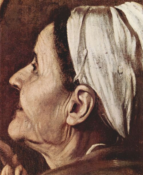 Caravaggio, Michelangelo: Altargemlde der Cavaletti-Kapelle in Sant' Agostino in Rom, Szene: Madonna der Pilger, Detail: Kopf der Pilgerin