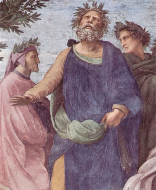 Raffael: Stanza della Segnatura im Vatikan fr Papst Julius II., Wandfresko, Szene: Der Parna, Detail: Homer-Gruppe