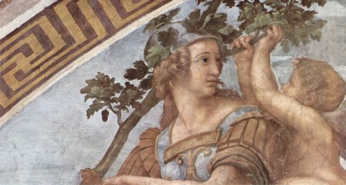 Raffael: Stanza della Segnatura im Vatikan fr Papst Julius II., Lnettenfresko, Szene: Allegorie der Tugend, Detail