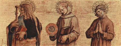 Crivelli, Carlo: Altartriptychon, linke Predellatafel: Hl. Jacobus d.., Hl. Berhardin von Siena, Hl. Nikodemus