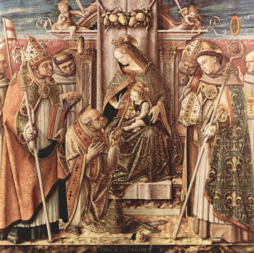 Crivelli, Carlo: Die bergabe des Schlssels, Szene: Thronendende Madonna mit Christuskind, welches Hl. Petrus den Schlssel bergibt