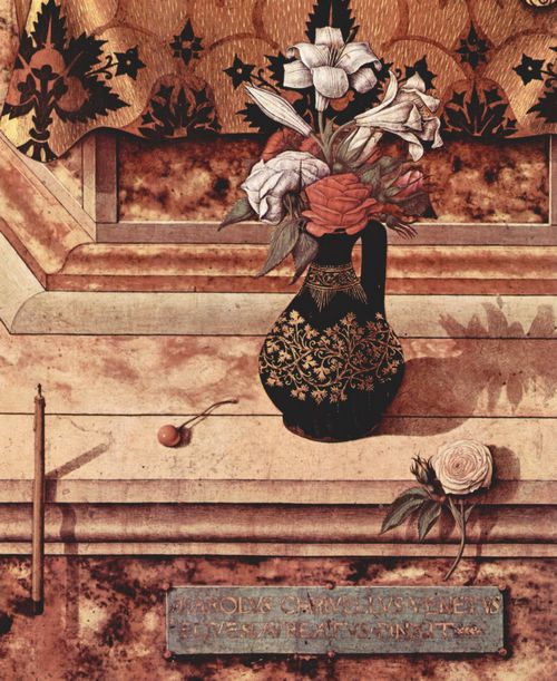 Crivelli, Carlo: Altar aus dem Dom von Camerino, Madonna della Candeletta, Szene: Thronende Madonna und erloschene Kerze zu Fen des Thrones, Detail