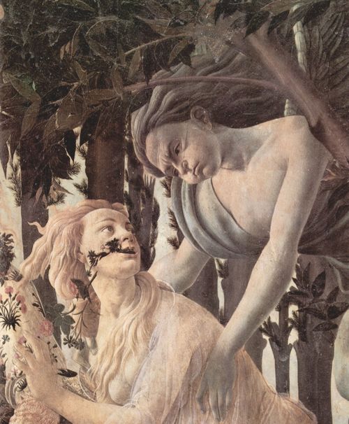 Botticelli, Sandro: Frhling (Primavera), Detail: Nymphe Chloris wird von Zephir, dem Gott des Windes verfolgt