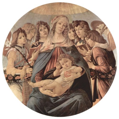 Botticelli, Sandro: Madonna della Melagrana, Szene: Maria mit Christuskind und sechs Engeln, Tondo