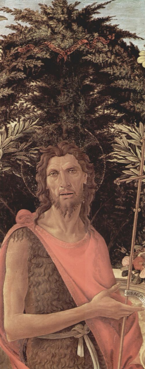 Botticelli, Sandro: Bardi-Altar, Thronende Madonna, Johannes der Tufer und Johannes der Evangelist, Detail: Johannes der Tufer