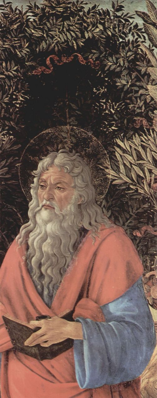 Botticelli, Sandro: Bardi-Altar, Thronende Madonna, Johannes der Tufer und Johannes der Evangelist, Detail: Johannes der Evangelist
