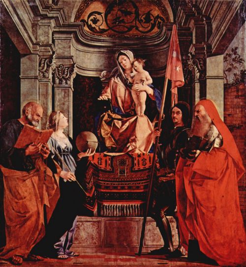Lotto, Lorenzo: Altar der Santa Cristina al Tiverone, Haupttafel: Thronende Madonna, Hl. Petrus, Hl. Christina von Bolsena, Hl. Liberalis und Hl. Hieronymus