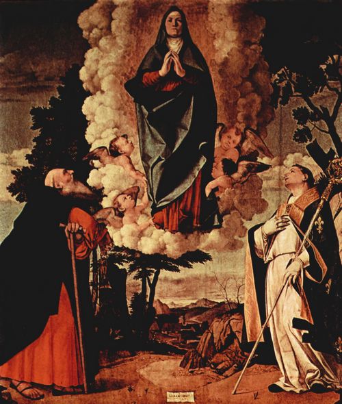 Lotto, Lorenzo: Pala di Asolo, Haupttafel, Szene: Maria Himmelfahrt mit Hl. Antonius Abate und Hl. Ludwig von Toulouse