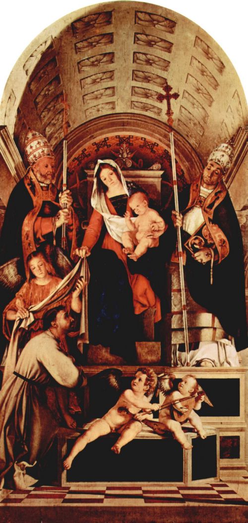 Lotto, Lorenzo: Altarpolyptychon von Recanati, Haupttafel: Thronende Maria mit dem Christuskind, drei Engeln, Hl. Dominikus, Hl. Gregor und Hl. Urban