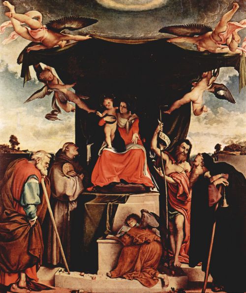 Lotto, Lorenzo: Thronende Madonna, Engel und Heilige, links: Hl. Josef, Hl. Bernhard, rechts: Hl. Johannes der Täufer, Hl. Antonius Abbate
