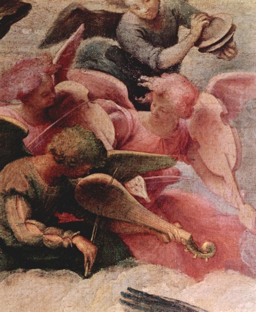 Lotto, Lorenzo: Thronende Madonna, Engel und Heilige, links: Hl. Katharina von Alexandrien, Hl. Augustinus, rechts: Hl. Sebastian, Hl. Antonius Abbate, Detail: Musizierende Engel
