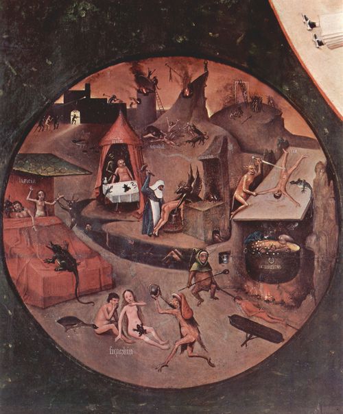 Bosch, Hieronymus: Tisch mit Szenen zu den sieben Todsnden und den letzten vier Dingen, Szene: Hlle, Detail: Bestrafung der sieben Todsnden