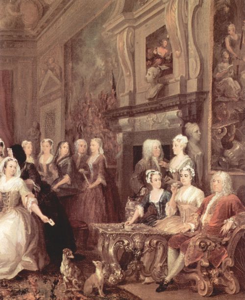 Hogarth, William: Versammlung im Wanstead House, Detail: Sir Richard Child (rechts am Tisch), seiner Frau Dorothy Glynne und seiner Tochter
