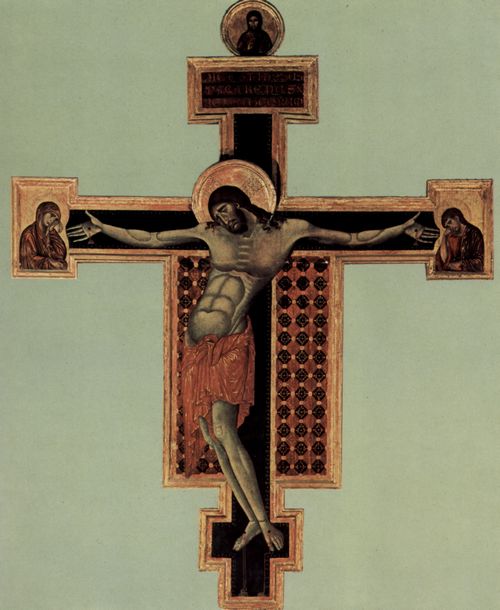 Cimabue: Kreuzigung, Tondo: Segnender Christus, Kreuzarme: Maria und Johannes