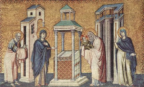 Cavallini, Pietro: Mosaiken mit Zyklus von 6 Szenen zum Marienleben in der Apsis von Santa Maria Trasteverde in Rom, Szene: Prsentation des Jesusknaben im Tempel