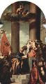 Tizian: Madonna der Familie Pesaro, links von Maria: Hl. Antonius von Padua, Familie Pesaro, rechts von Maria: Hl. Petrus und kniendem Stifter, Bischof Jacopo Pesaro und Soldat mit gefangenen Türken und Fahne des Bischofes