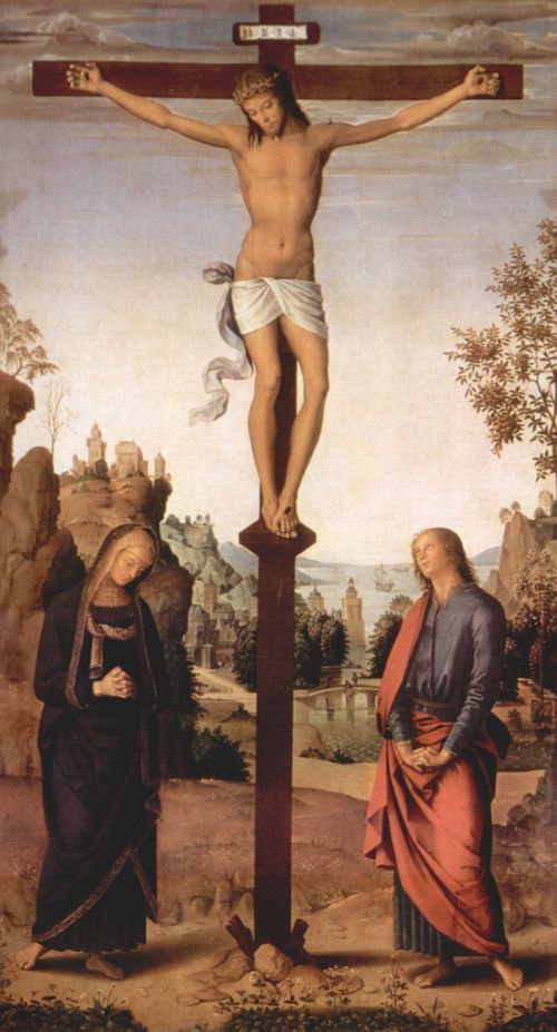 Perugino, Pietro: Galitzin-Triptychon, Mitteltafel: Kreuzigung mit Maria und Hl. Johannes