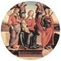 Perugino, Pietro: Thronende Madonna mit zwei Engeln, Hl. Rosa und Hl. Katharina von Alexandrien, Tondo