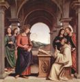 Perugino, Pietro: Vision des Hl. Bernhard, Szene: Maria und zwei Engel erscheinen dem Hl. Berhard, im Hintergrund: Hl. Johannes der Evangelist und Hl. Bartolomus