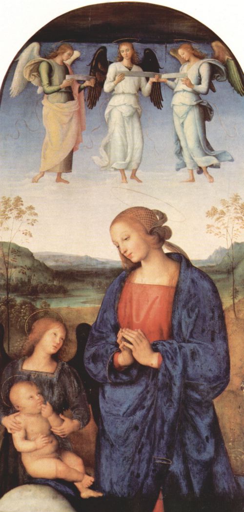 Perugino, Pietro: Altartriptychon der Certosa von Pavia, Mitteltafel, Szene: Maria, das Kind anbetend, mit dem Erzengel Gabriel und drei musizierenden Engeln