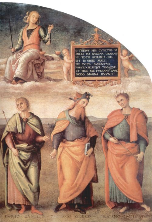 Perugino, Pietro: Fresken der Sala d'Udienza im Collegio del Cambio in Perugia, Szene: Prudenzia und Justizia mit antiken Weisen, Detail