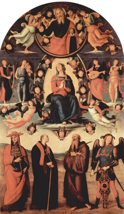 Perugino, Pietro: Maria Himmelfahrt mit vier Heiligen, von links: Giovanni Guadalberto (Grnder des Klosters), Bernardo degli Uberti (Mnch des Klosters und spterer Kardinal), Benedikt, Erzengel Michael