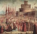 Carpaccio, Vittore: Gemäldezyklus zur Legende der Hl. Ursula, Szene: Begegnung der Pilger mit dem Papst