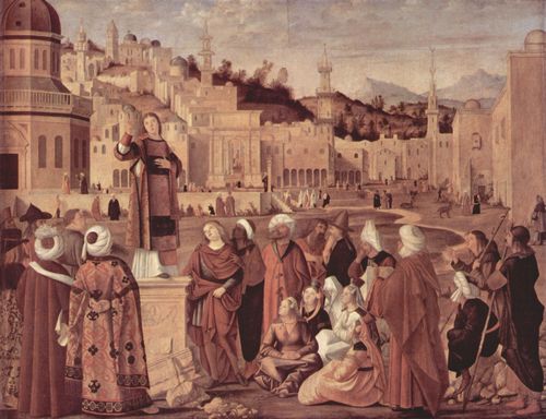 Carpaccio, Vittore: Gemldezyklus zur Legende des Hl. Stephan, Szene: Predigt des Hl. Stephan vor den Toren von Jerusalem