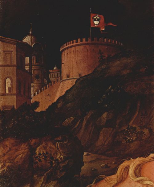 Bronzino, Angelo: Die Heilige Familie mit Johannes dem Tufer, Detail: Architektur mit Wappen des Auftraggebers