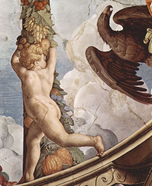 Bronzino, Angelo: Fresken der Kapelle der Eleonora da Toledo im Palazzo Vecchio in Florenz, Deckenfresko, Detail: Girlande mit Engel