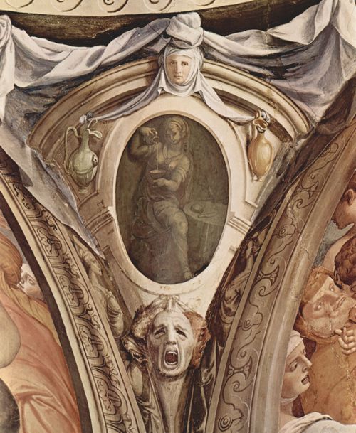 Bronzino, Angelo: Fresken der Kapelle der Eleonora da Toledo im Palazzo Vecchio in Florenz, Medaillons im Gewlbezwickel, Szenen: Allegorien der Kardinaltugenden, Detail: Justizia