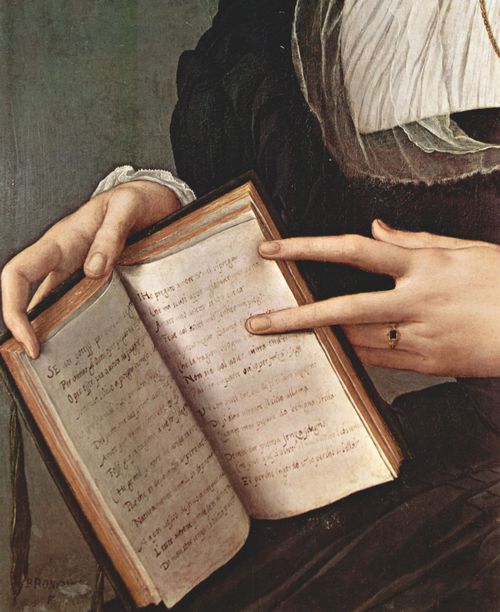 Bronzino, Angelo: Portrt der Laura Battiferri, Detail: Buch (Sonette des Petrarca)